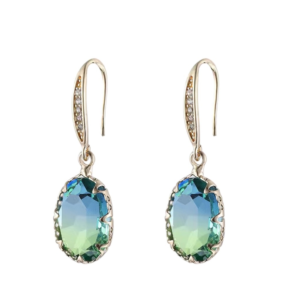 Gold with Green and Blue Ombré Stone Rhinestone Accent Drop Earrings